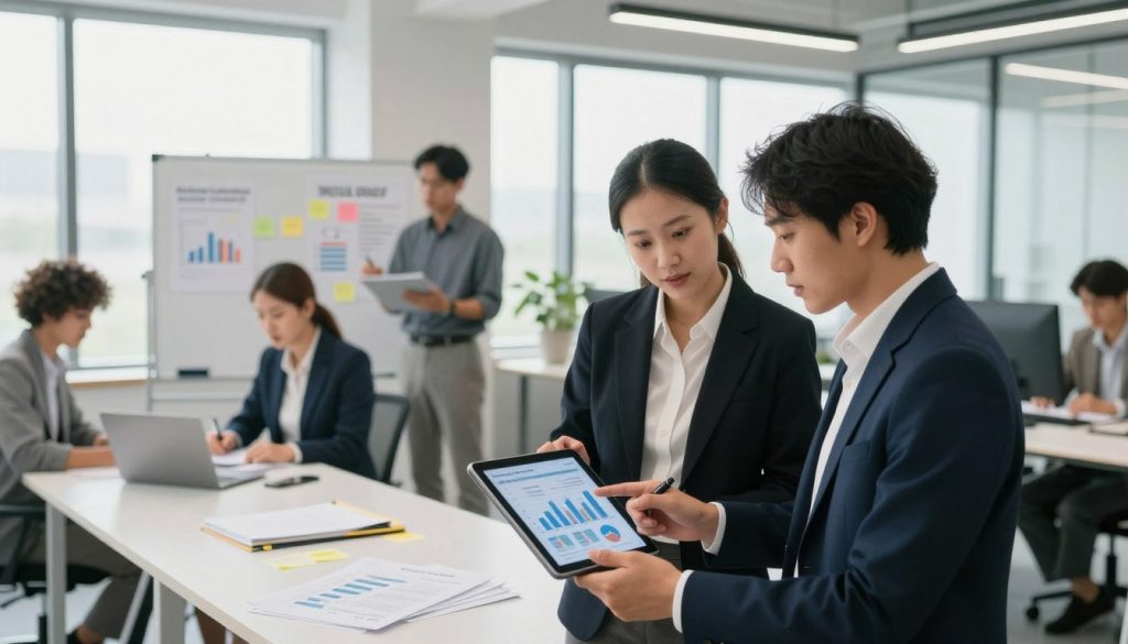 A modern office environment showcasing a collaborative workspace with diverse professionals engaging in discussion about social proof and case study design. In the foreground, a male and female professional in business attire examine analytical graphs on a digital tablet, their expressions indicating focus and insight. The middle ground features a whiteboard filled with charts and sticky notes detailing influencer partnerships and marketing strategies, surrounded by a group of attentive colleagues taking notes. The background reveals a sleek, minimalist office with large windows allowing natural light to flood the space, creating a bright and inspiring atmosphere. Soft shadows enhance the professionalism of the setting while maintaining clarity. The overall mood conveys innovation, teamwork, and the power of social influence in digital marketing. A modern office environment showcasing a collaborative workspace with diverse professionals engaging in discussion about social proof and case study design. In the foreground, a male and female professional in business attire examine analytical graphs on a digital tablet, their expressions indicating focus and insight. The middle ground features a whiteboard filled with charts and sticky notes detailing influencer partnerships and marketing strategies, surrounded by a group of attentive colleagues taking notes. The background reveals a sleek, minimalist office with large windows allowing natural light to flood the space, creating a bright and inspiring atmosphere. Soft shadows enhance the professionalism of the setting while maintaining clarity. The overall mood conveys innovation, teamwork, and the power of social influence in digital marketing.