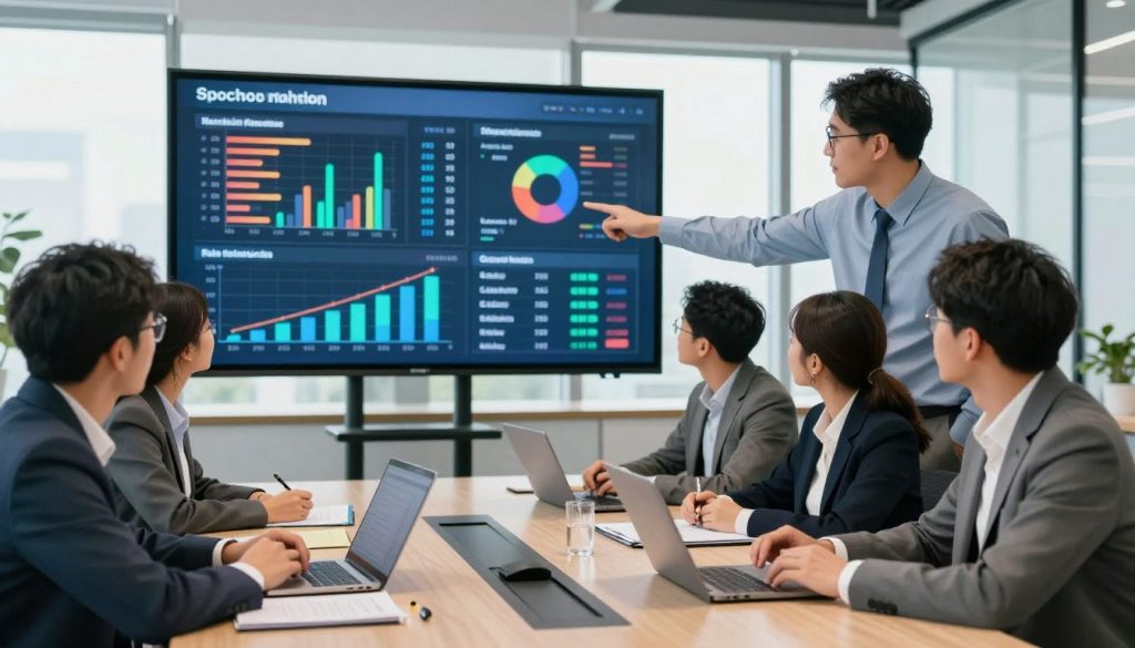 A modern office environment with a large digital dashboard displaying colorful graphs and charts analyzing marketing performance metrics. In the foreground, a diverse group of professionals in business attire—two men and a woman—are deeply engaged in discussion, pointing at the data on the screen. The middle ground showcases a large, sleek conference table surrounded by laptops and documents. The background features large windows with natural light pouring in, creating a bright and optimistic atmosphere. The scene captures a sense of urgency and focus, emphasizing collaboration and data analysis. Soft, professional lighting highlights the faces of the business team, enhancing the feeling of determination and teamwork in refining marketing strategies. A modern office environment with a large digital dashboard displaying colorful graphs and charts analyzing marketing performance metrics. In the foreground, a diverse group of professionals in business attire—two men and a woman—are deeply engaged in discussion, pointing at the data on the screen. The middle ground showcases a large, sleek conference table surrounded by laptops and documents. The background features large windows with natural light pouring in, creating a bright and optimistic atmosphere. The scene captures a sense of urgency and focus, emphasizing collaboration and data analysis. Soft, professional lighting highlights the faces of the business team, enhancing the feeling of determination and teamwork in refining marketing strategies.