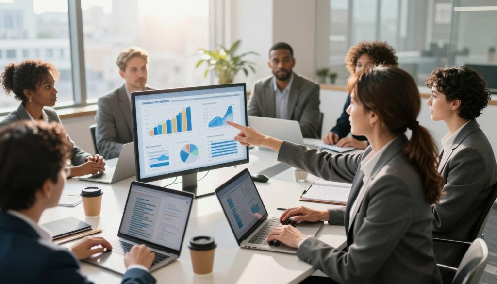 A professional business environment showcasing a diverse group of business people engaged in a strategic meeting, analyzing charts and graphs that depict customer retention metrics. In the foreground, a middle-aged woman in a smart blazer is pointing at a detailed infographic on a digital screen. The middle layer features a round table filled with laptops, notebooks, and coffee cups, emphasizing collaboration. In the background, large windows illuminate the room with natural light and a cityscape view. The atmosphere is focused and productive, with subtle lens flare from the sunlight creating a warm and inviting mood, all captured from a slightly elevated angle to showcase the team dynamics and presentation.